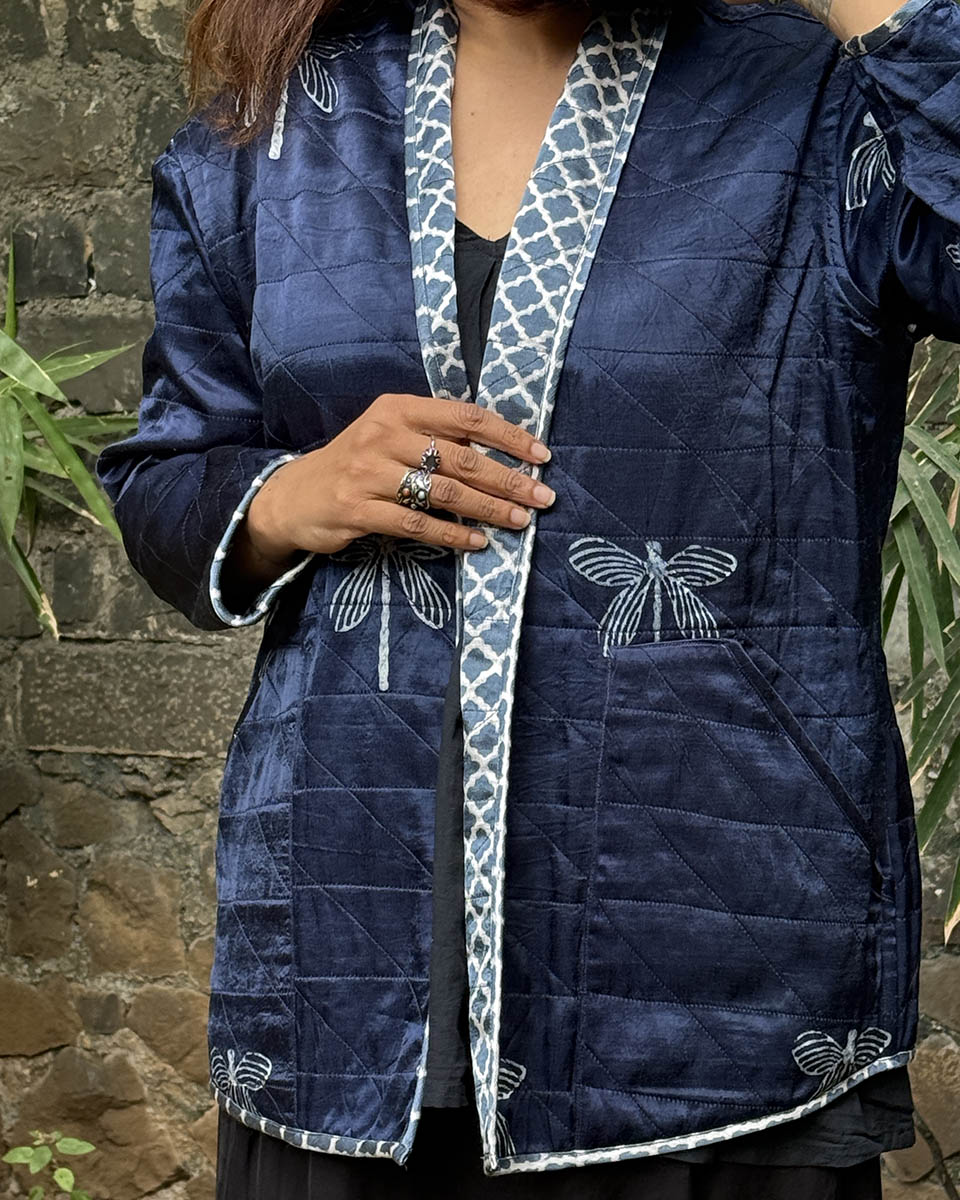 Dragonfly Mashru Silk Reversible Quilted Jacket