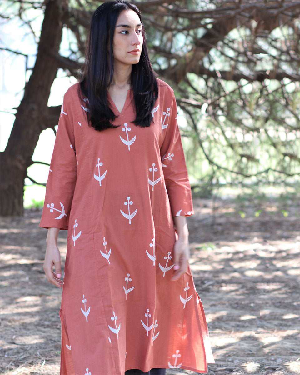 Peach Blockprinted Kurti Set Of 2