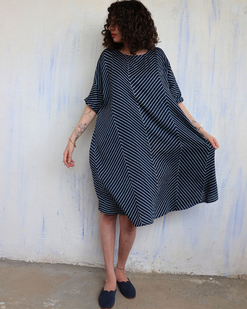 Blue Zigzag Blockprinted Cotton Freesize Dress