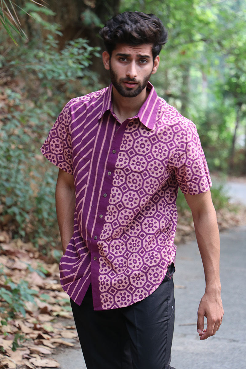 Violet Block Printed Cotton Half-Sleeved Shirt