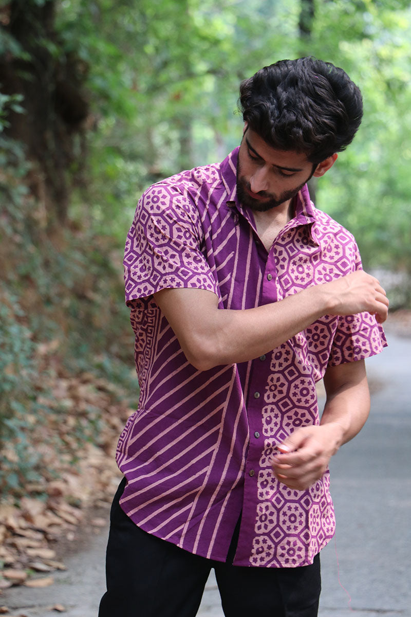 Violet Block Printed Cotton Half-Sleeved Shirt