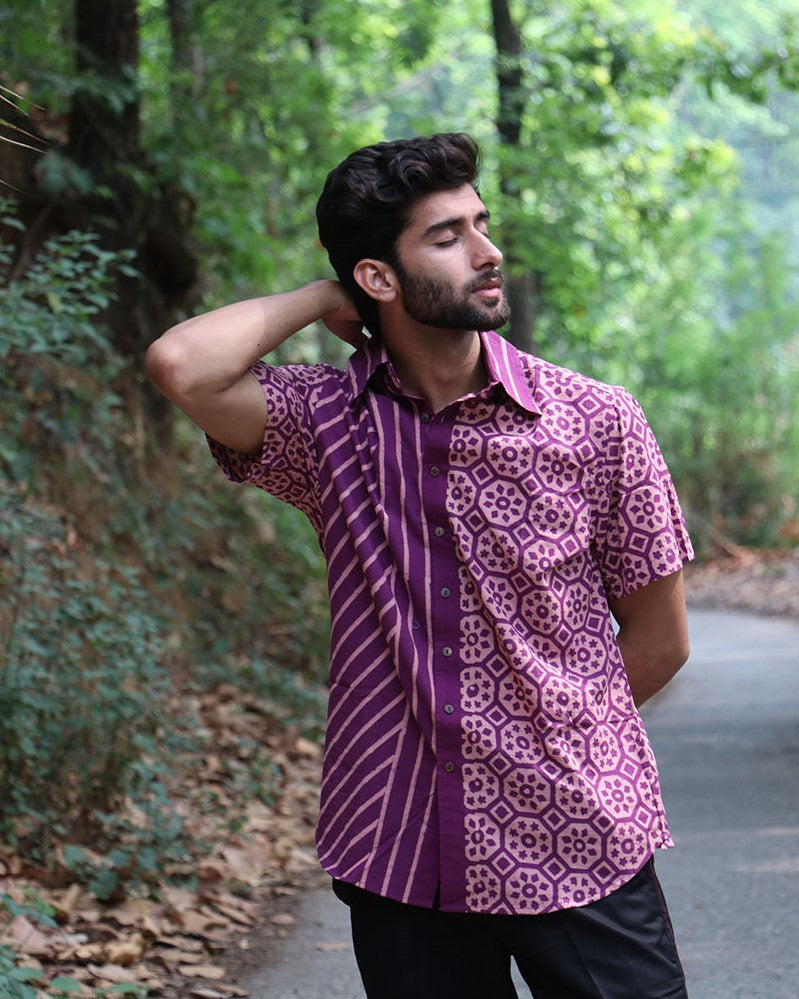 Violet Block Printed Cotton Half-Sleeved Shirt