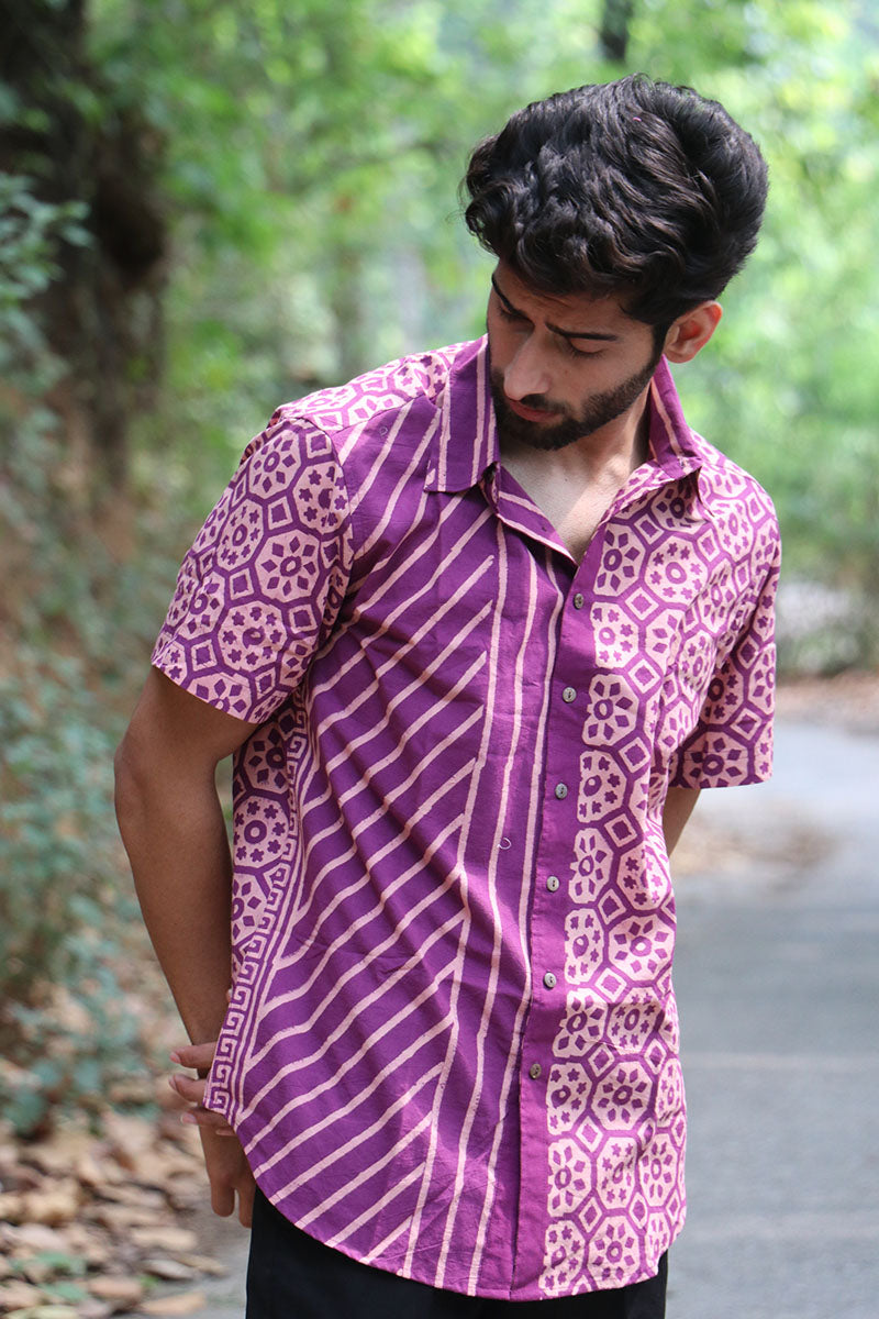 Violet Block Printed Cotton Half-Sleeved Shirt