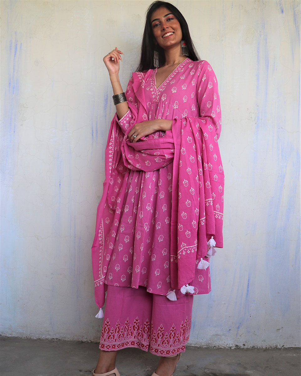 Pink Pure Cotton Block Printed Cotton Dupatta-Ajooni