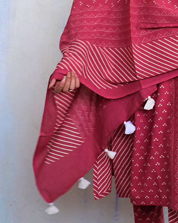 Pink Pure Cotton Block Printed Dupatta-Ajooni