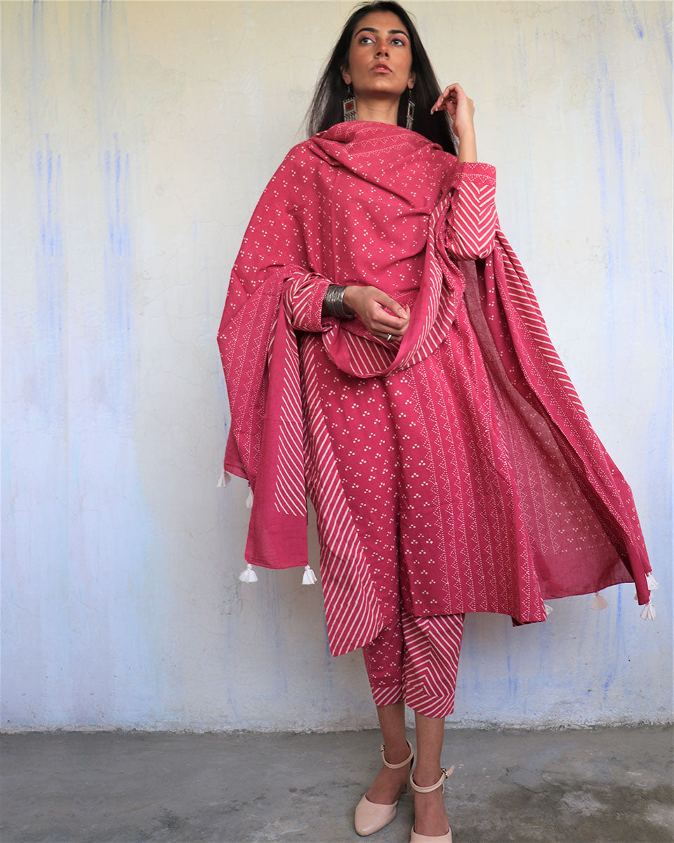 Pink Pure Cotton Block Printed Dupatta-Ajooni