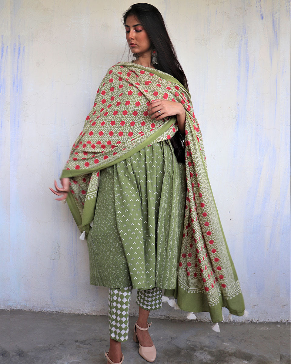 Olive Green Pure Cotton Blockprinted Dupatta-Ajooni