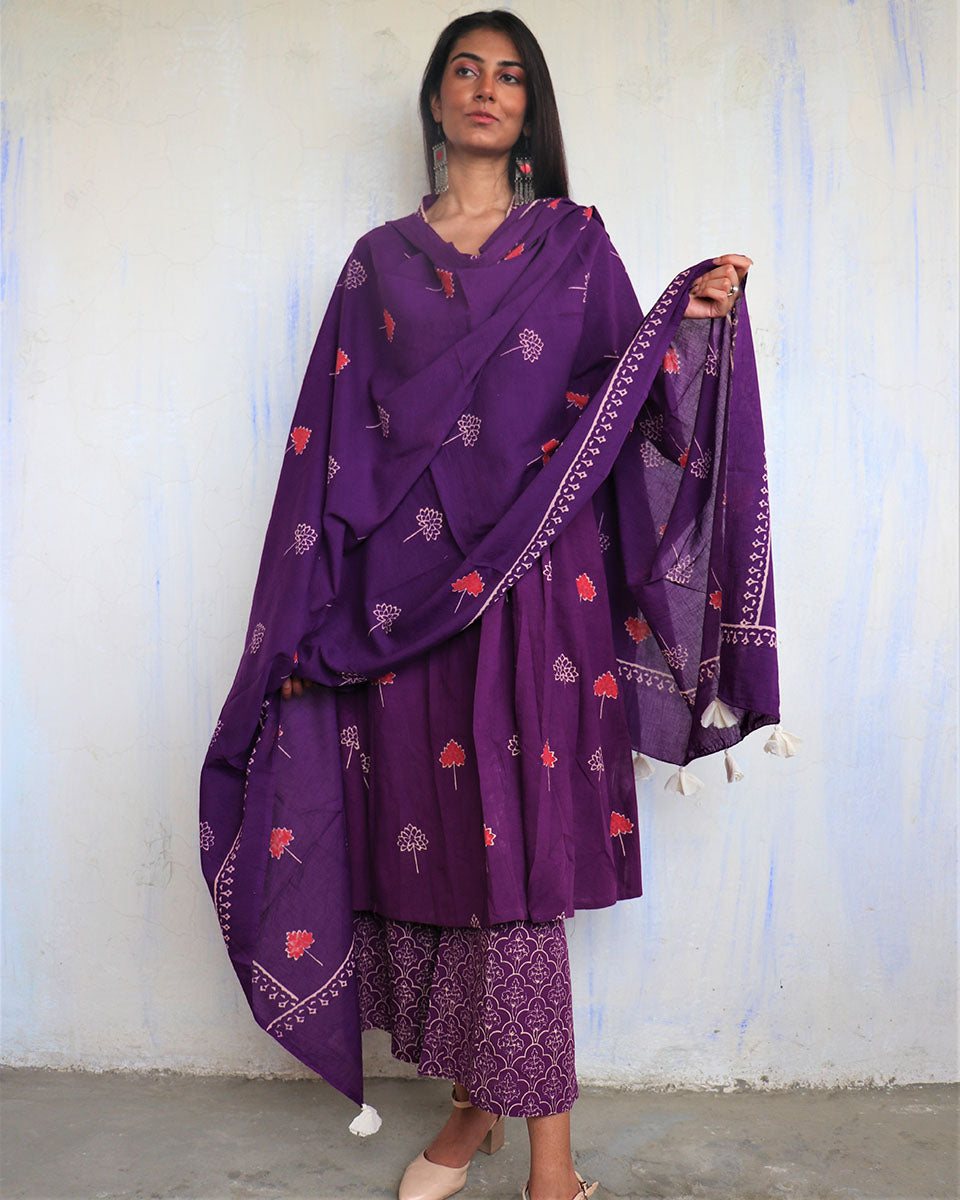 Purple Pure Cotton Block Pritned Dupatta-Ajooni