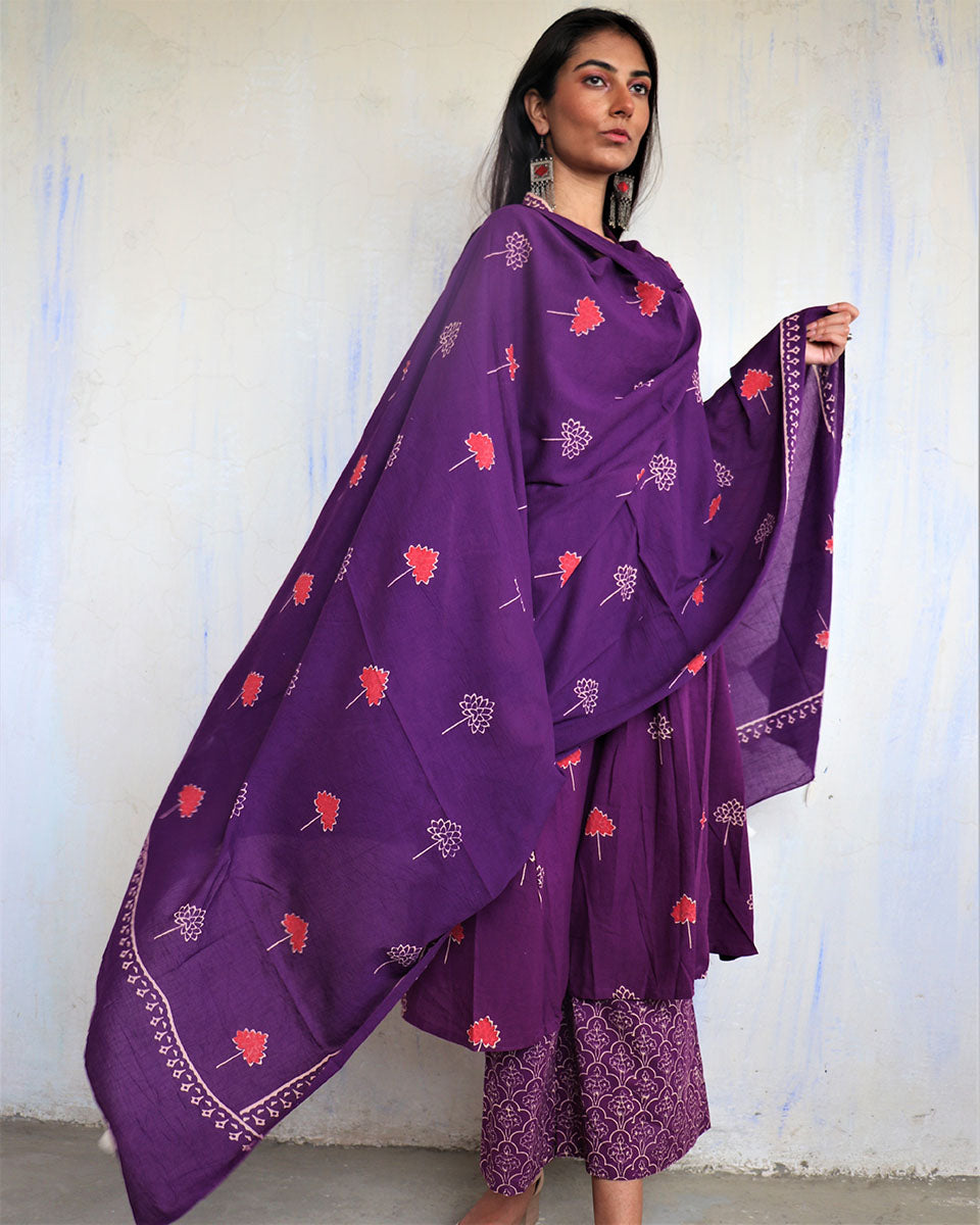 Purple Pure Cotton Block Pritned Dupatta-Ajooni