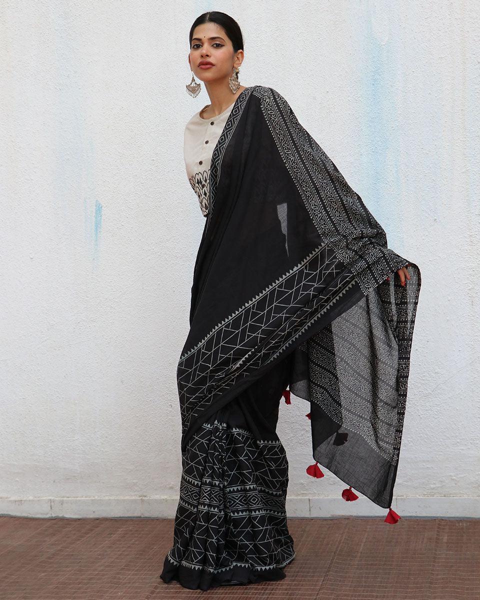 Abeona Blockprinted Cotton Saree - NOMAD