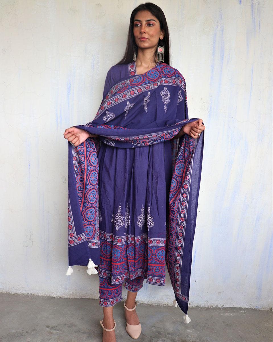 Purple Pure Cotton Block Printed Dupatta-Ajooni