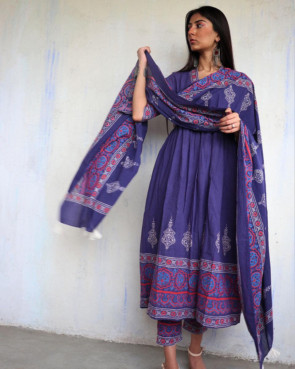 Purple Pure Cotton Block Printed Dupatta-Ajooni