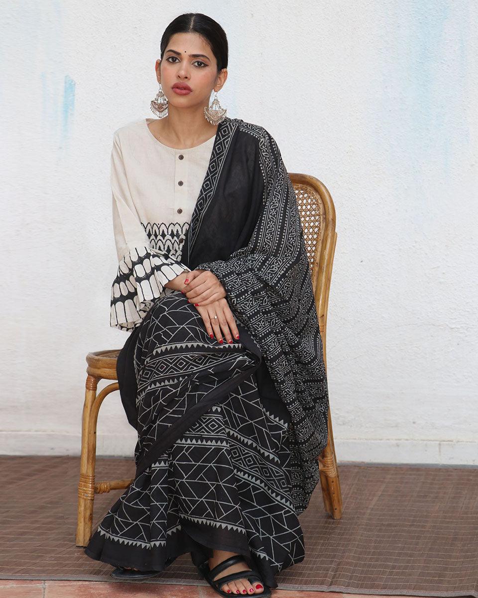 Abeona Blockprinted Cotton Saree - NOMAD