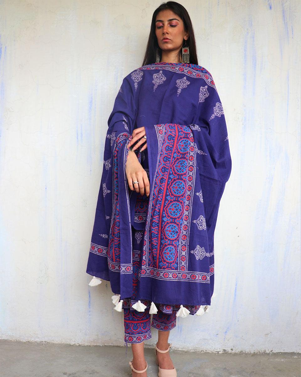 Purple Pure Cotton Block Printed Dupatta-Ajooni