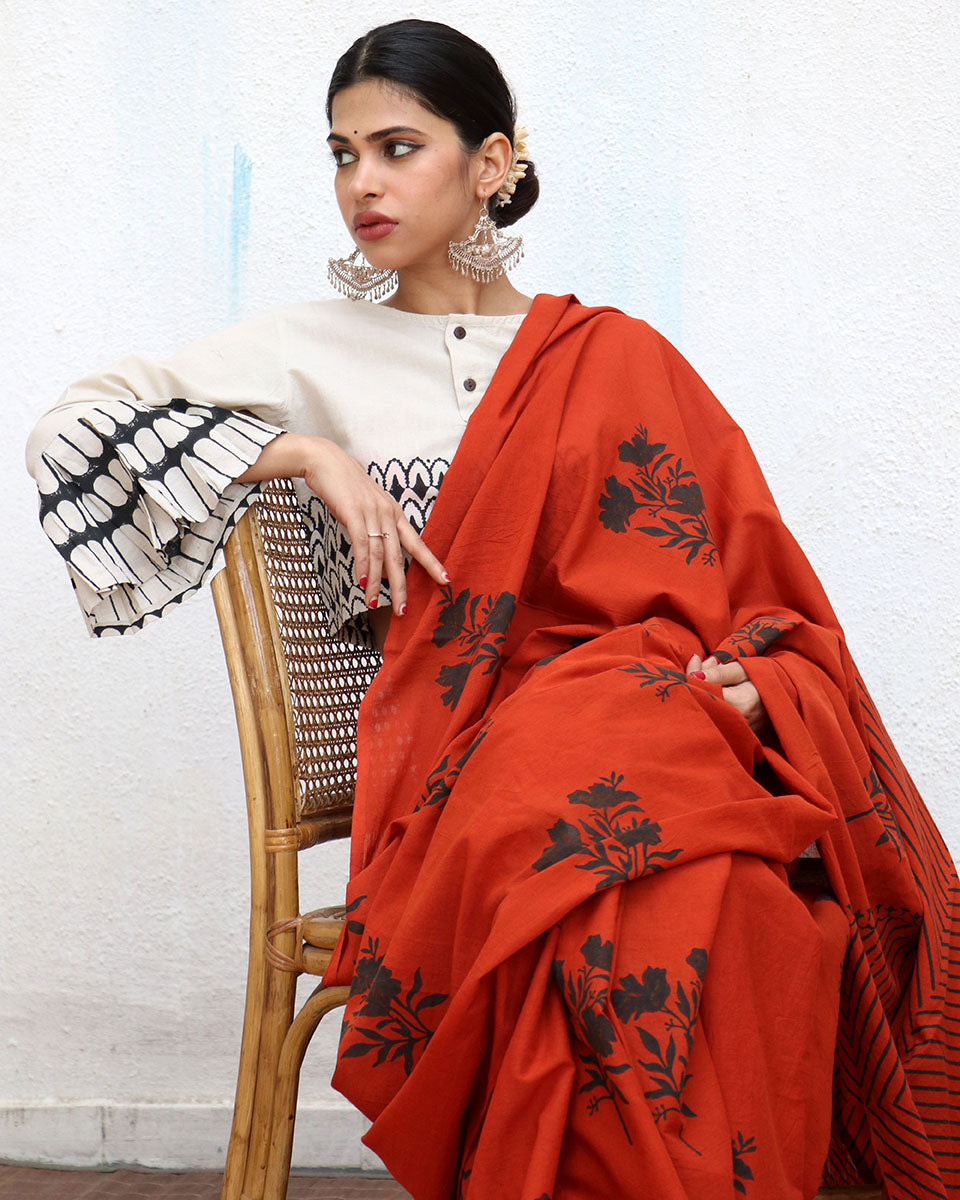 Acadia Blockprinted Cotton Saree - NOMAD