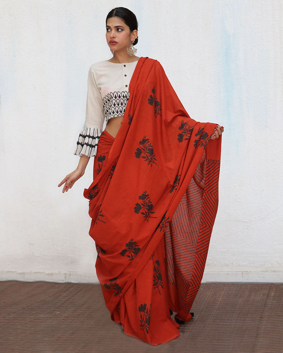 Acadia Blockprinted Cotton Saree - NOMAD