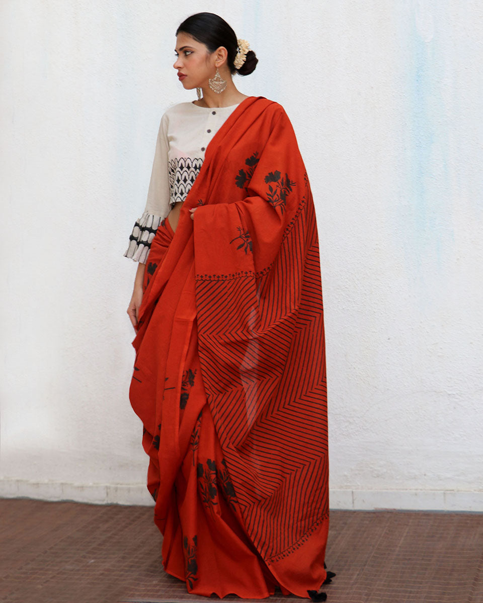 Acadia Blockprinted Cotton Saree - NOMAD