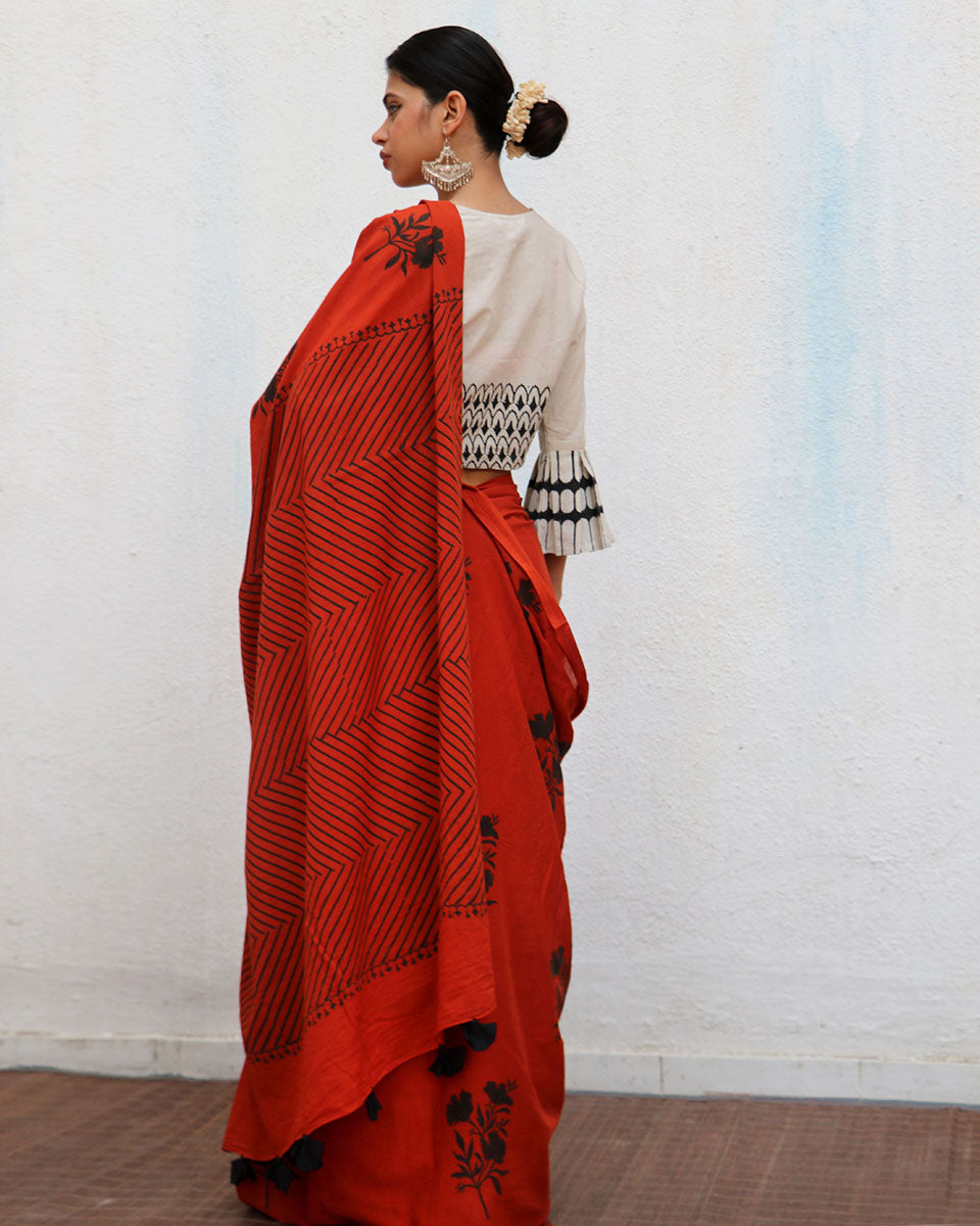 Acadia Blockprinted Cotton Saree - NOMAD