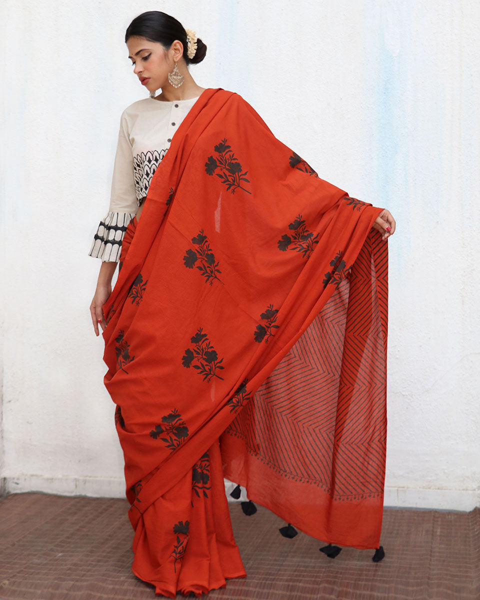 Acadia Blockprinted Cotton Saree - NOMAD