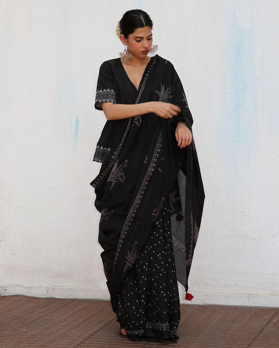 Isla Blockprinted Cotton Saree  - NOMAD