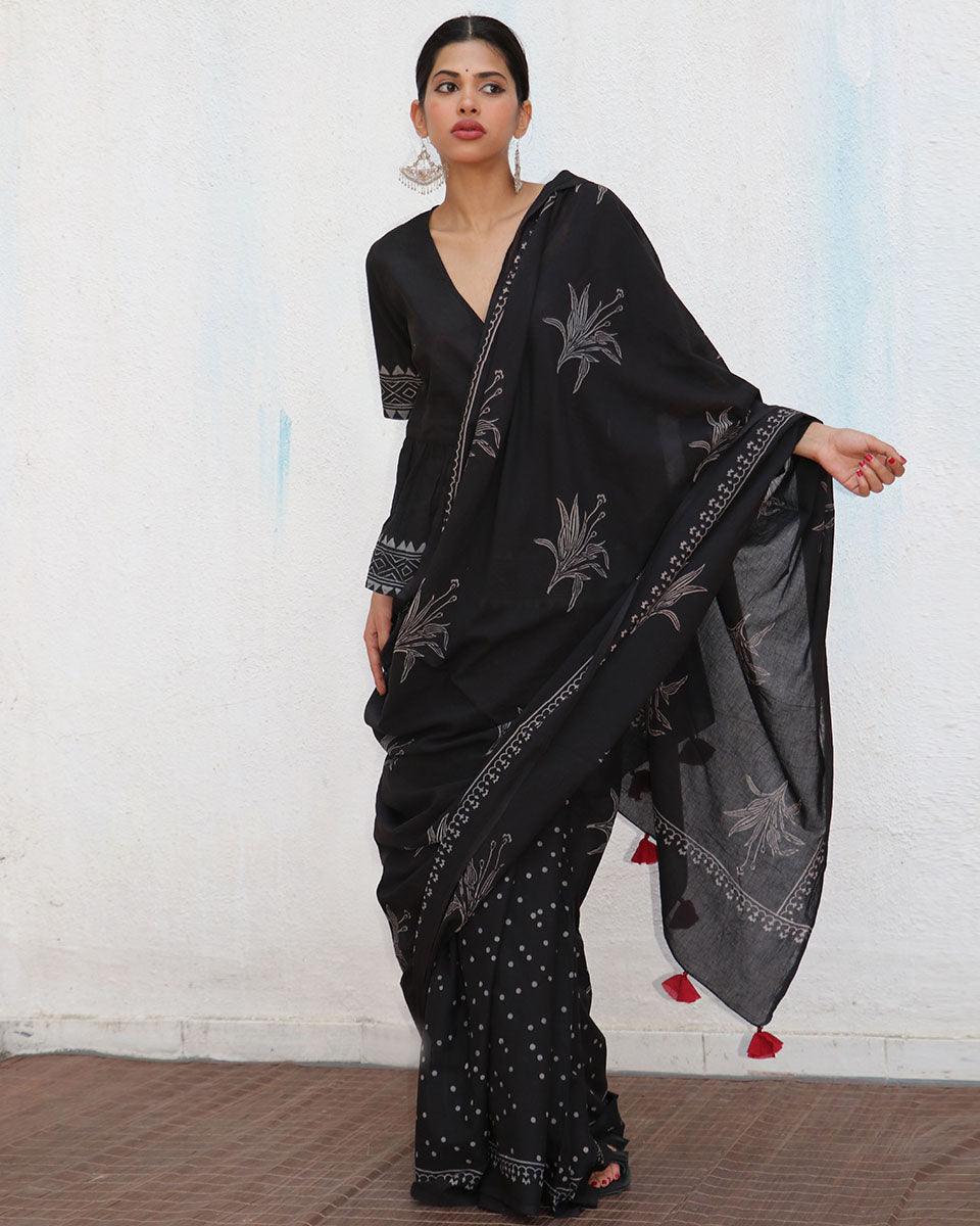 Isla Blockprinted Cotton Saree  - NOMAD