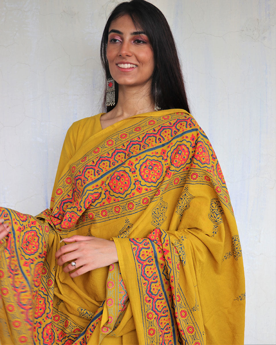 Yellow Pure Cotton Block Printed Dupatta-Ajooni