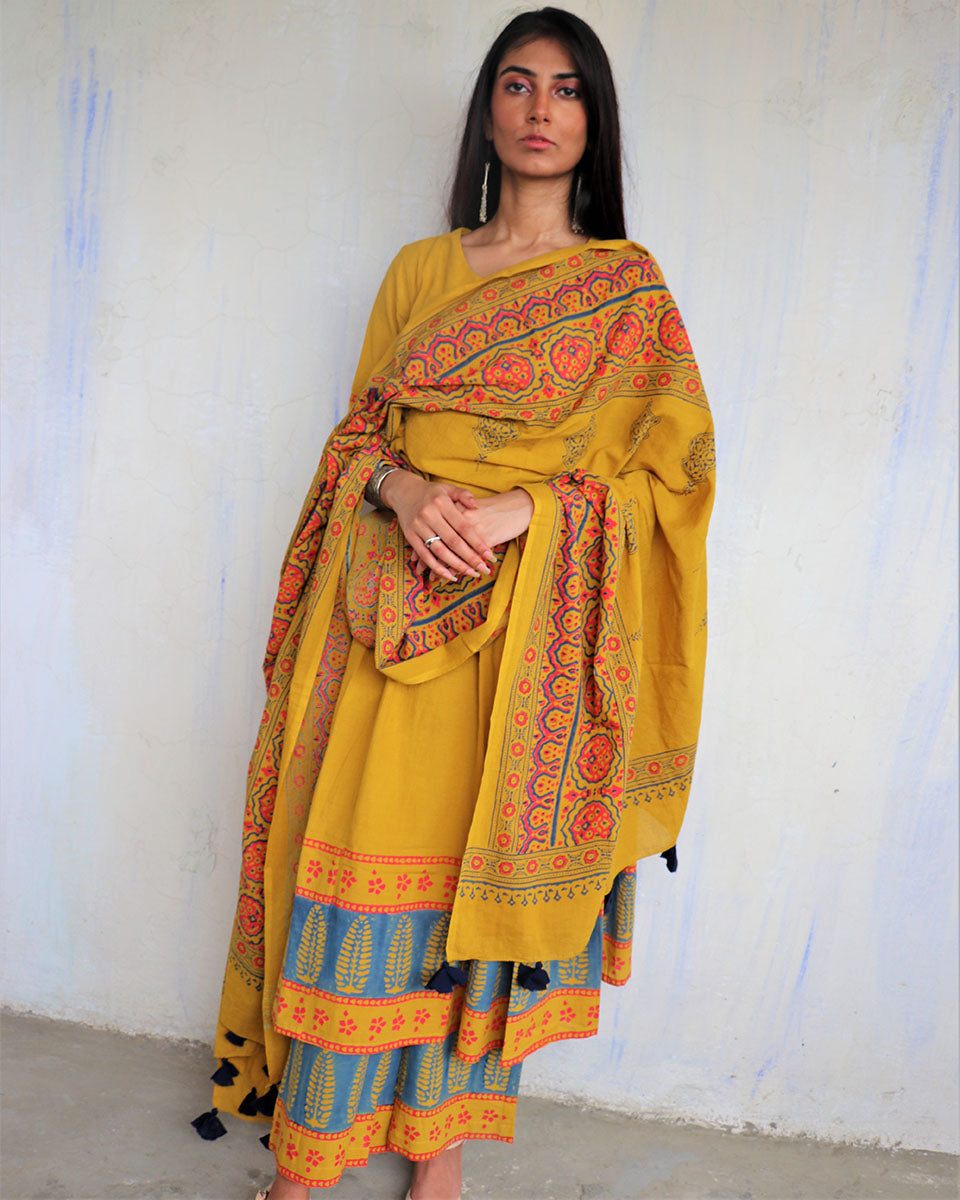 Yellow Pure Cotton Block Printed Dupatta-Ajooni