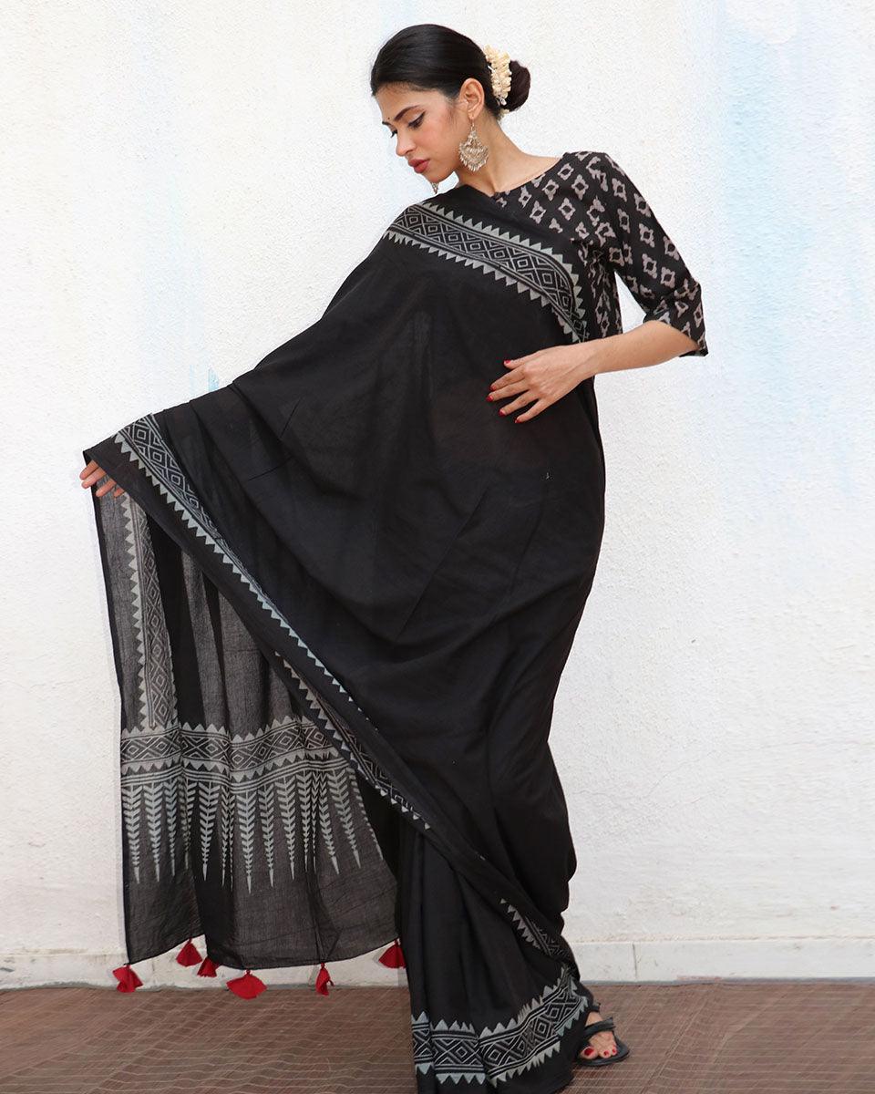 Barbara Blockprinted Cotton Saree - NOMAD