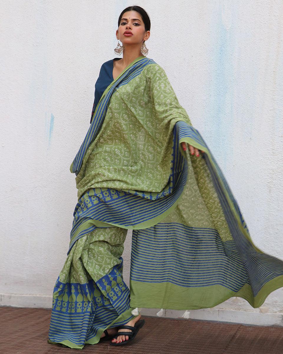 Panthi Blockprinted Cotton Saree - NOMAD