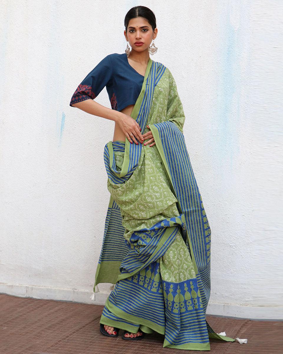 Panthi Blockprinted Cotton Saree - NOMAD