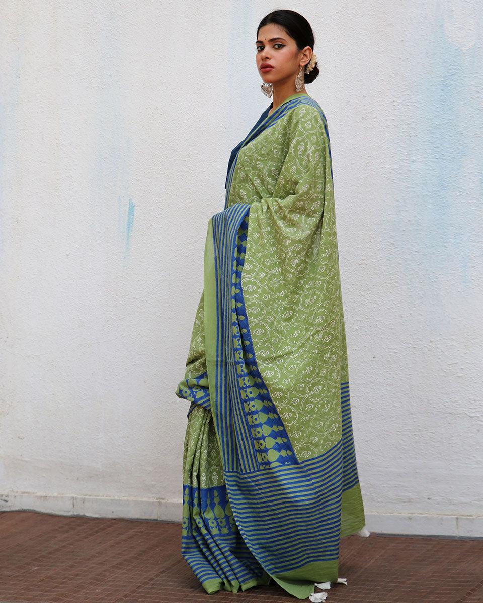 Panthi Blockprinted Cotton Saree - NOMAD