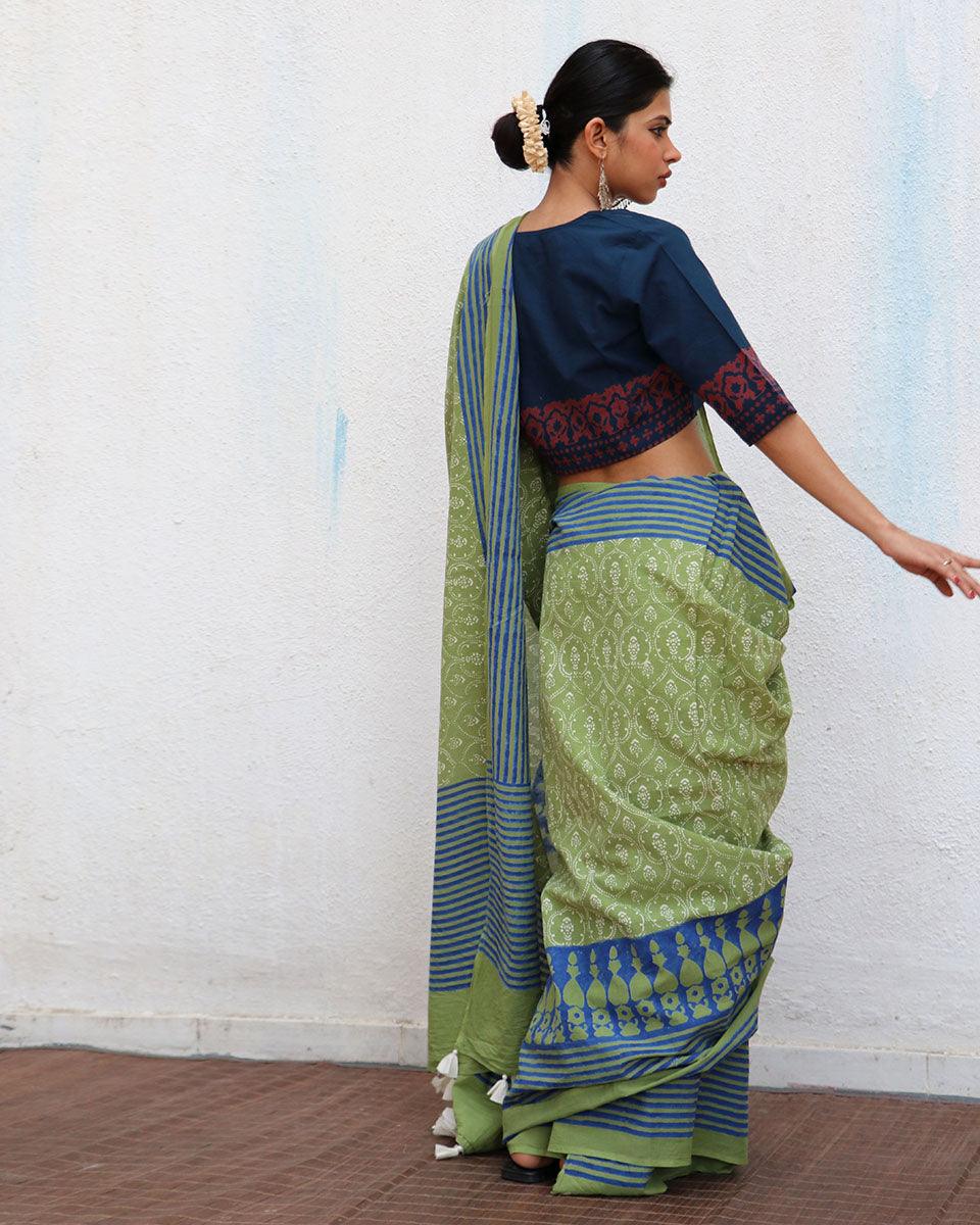 Panthi Blockprinted Cotton Saree - NOMAD