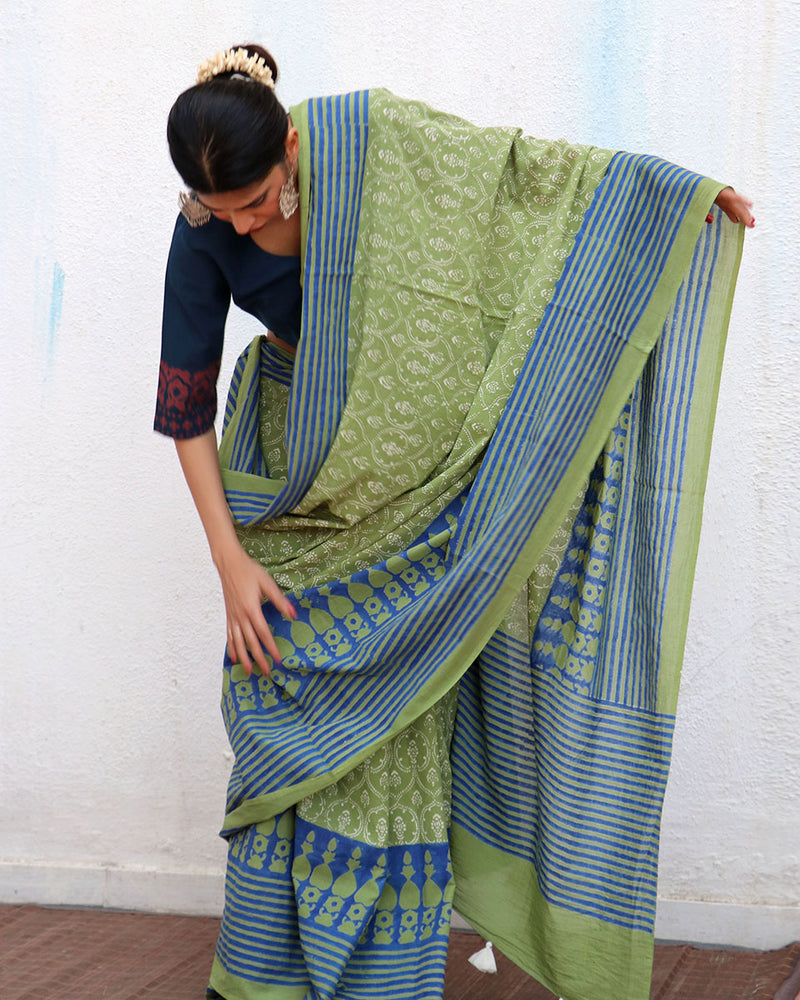 Panthi Blockprinted Cotton Saree - NOMAD