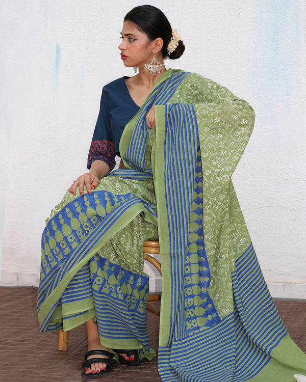Panthi Blockprinted Cotton Saree - NOMAD