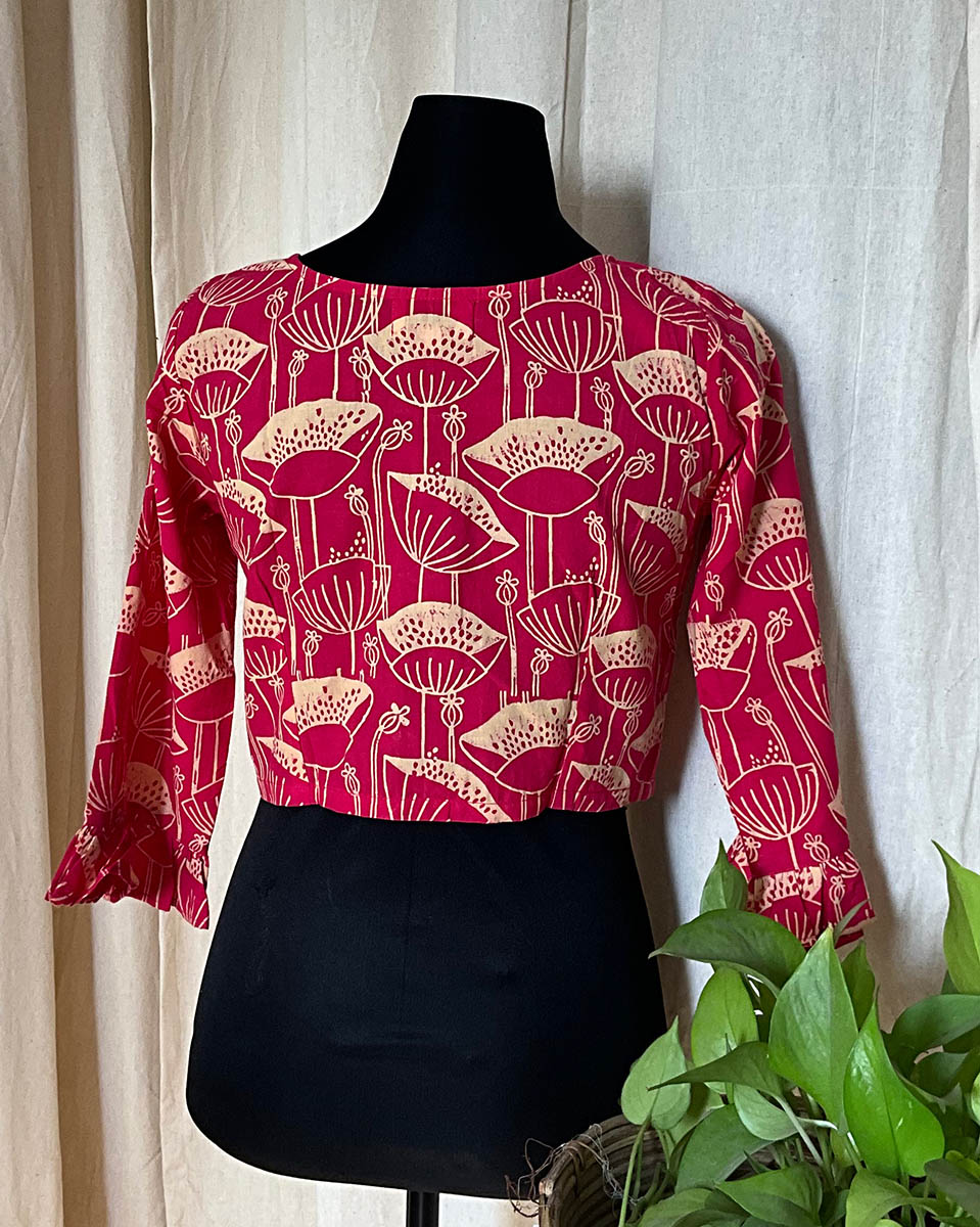 Pink HandBlock Printed Cotton Blouse - Love Despite