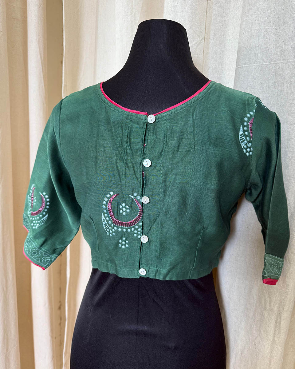 Green Handblock Printed Chanderi Silk Blouse - Love Despite