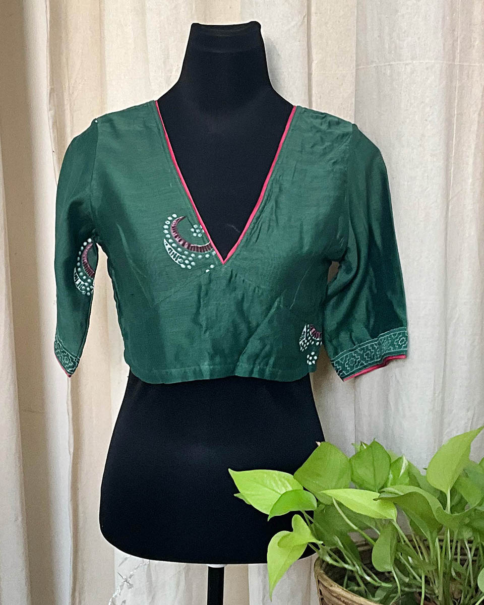 Green Handblock Printed Chanderi Silk Blouse - Love Despite