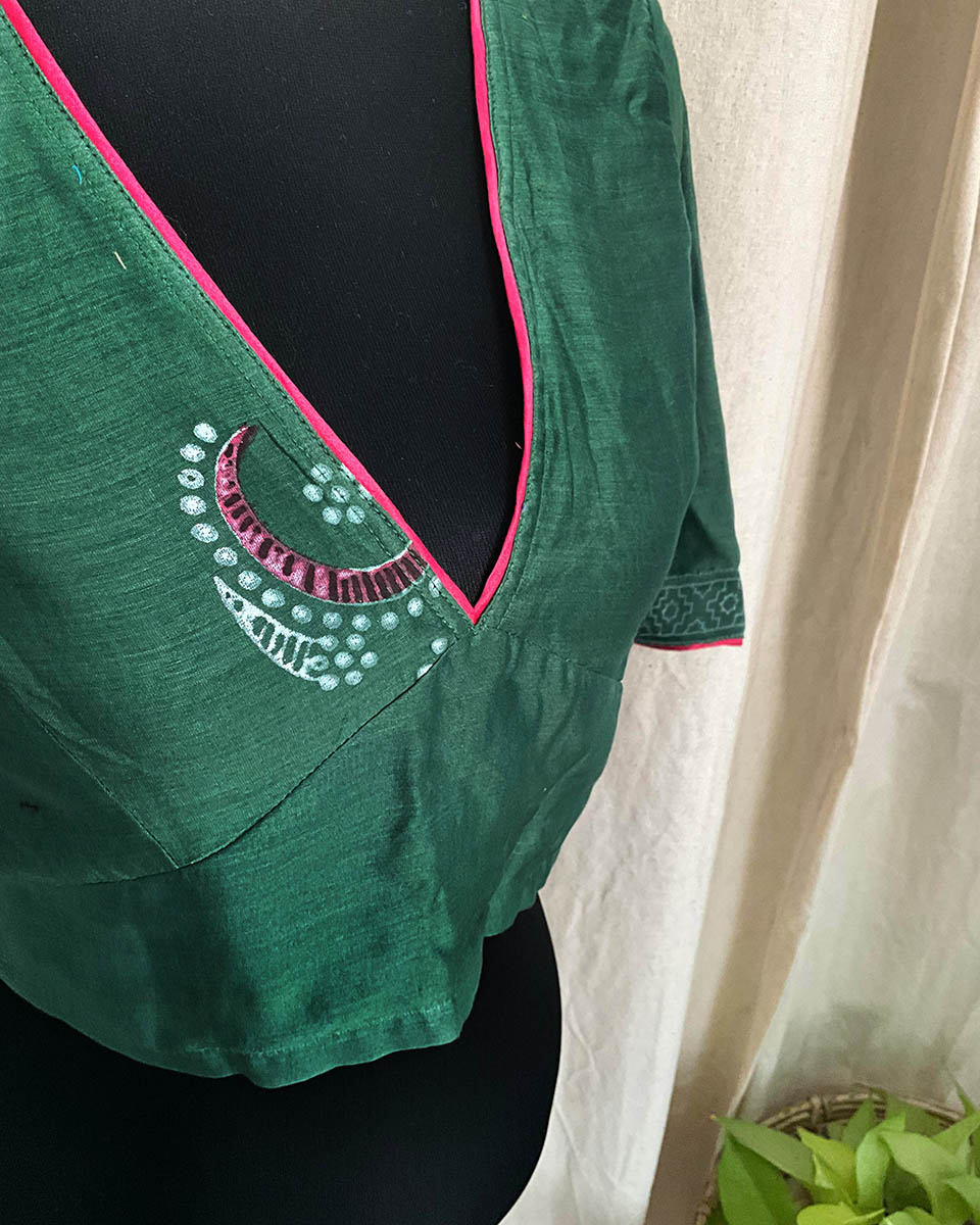 Green Handblock Printed Chanderi Silk Blouse - Love Despite