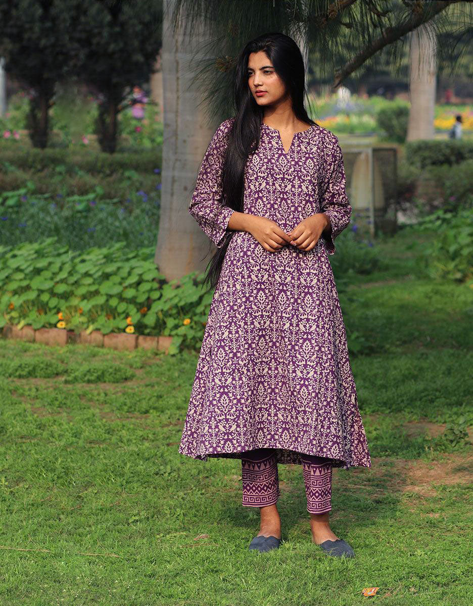 Purple Handprinted Pure Cotton Kurti Set Of 2-Slow