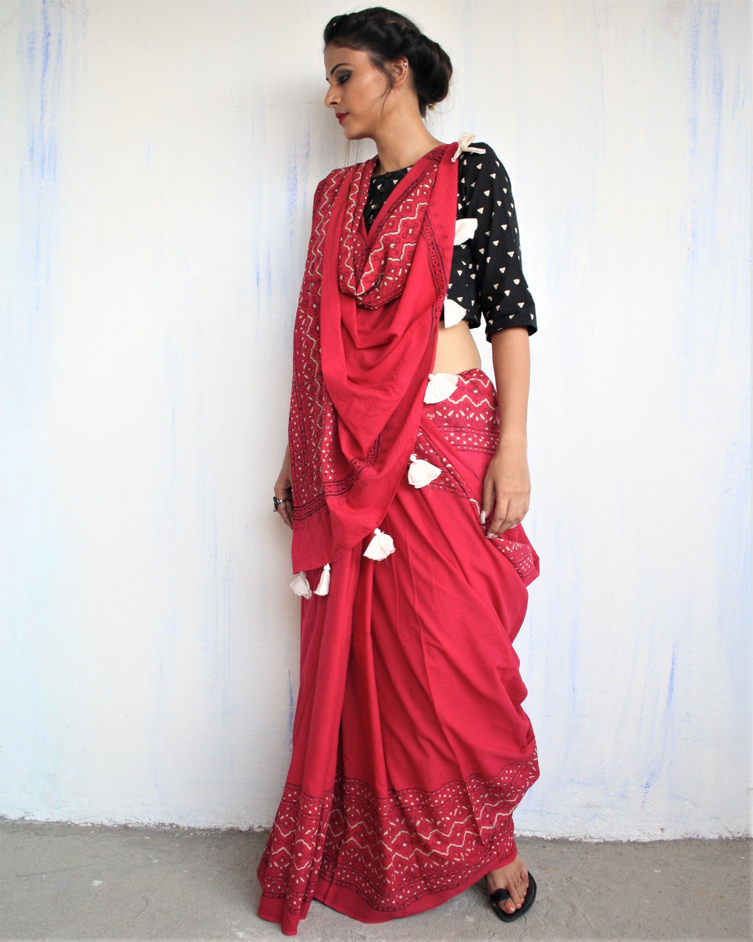 "Maroon & White Pure Cotton Block Print Saree "