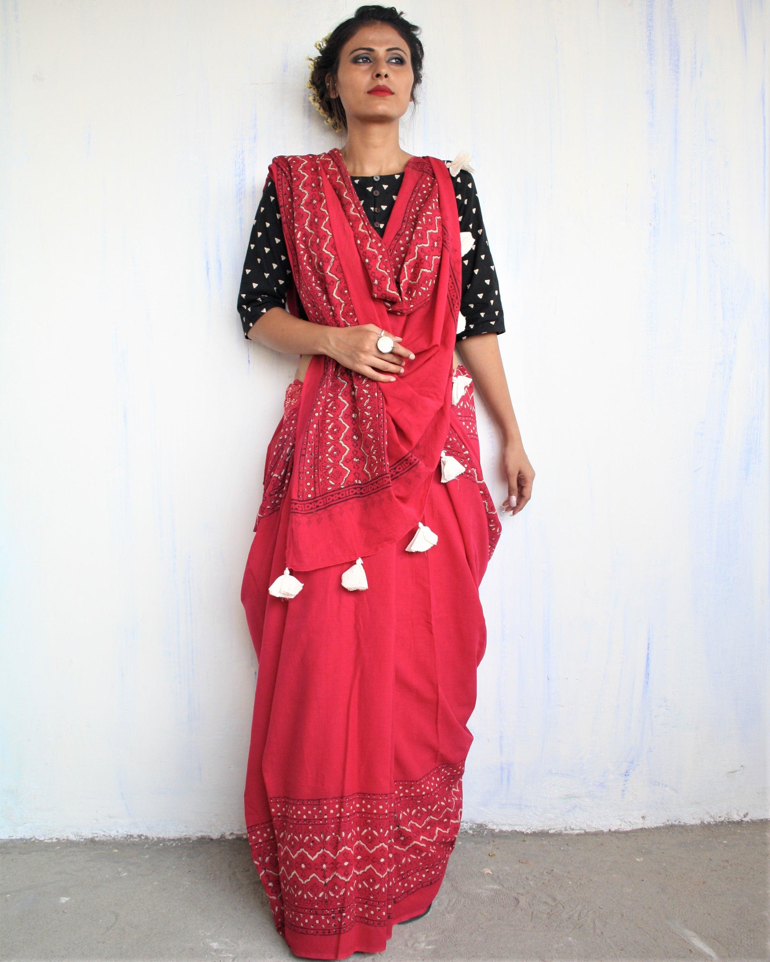 "Maroon & White Pure Cotton Block Print Saree "