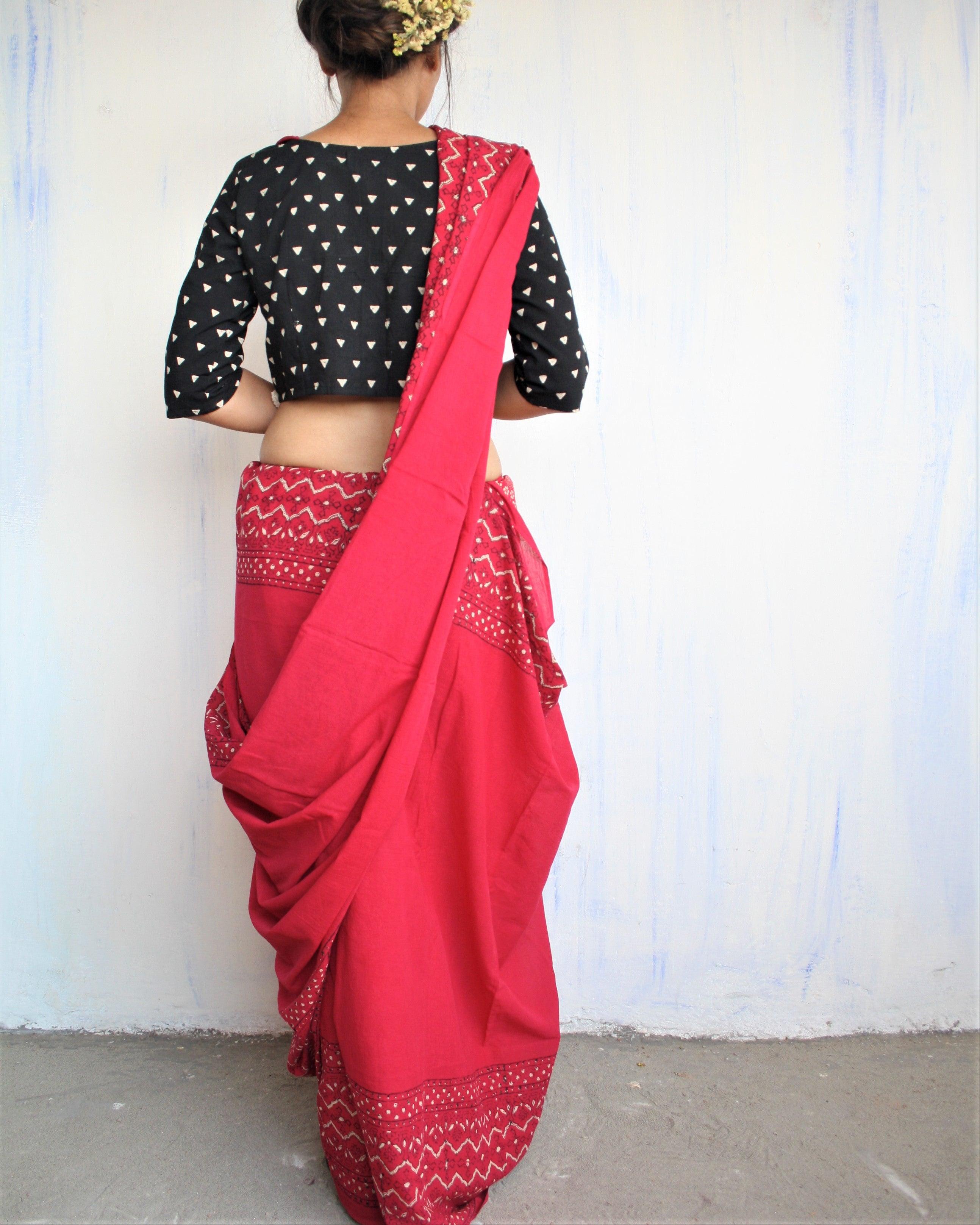 "Maroon & White Pure Cotton Block Print Saree "