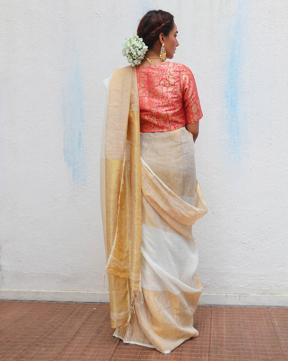 Indumukhi Handwoven Linen Zari Saree - Onam