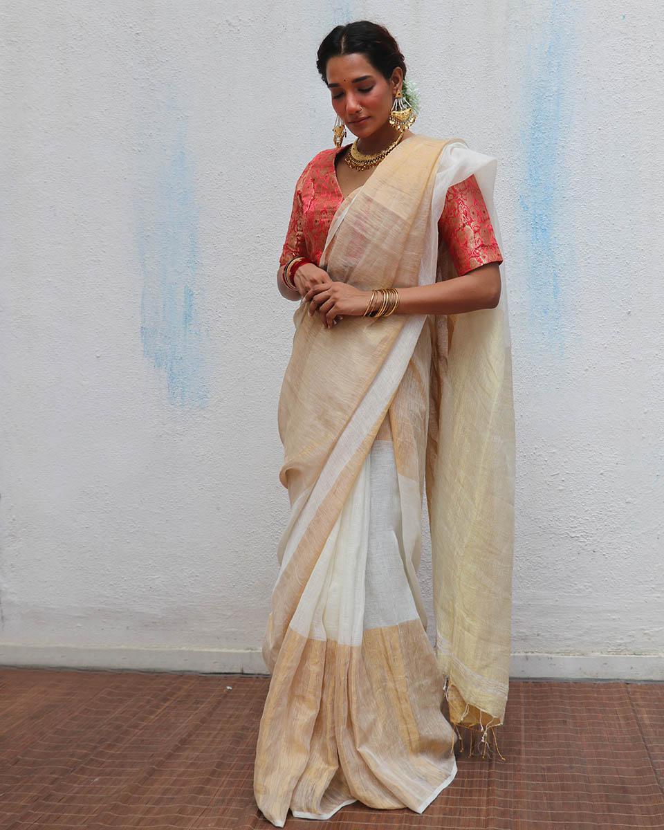 Indumukhi Handwoven Linen Zari Saree - Onam