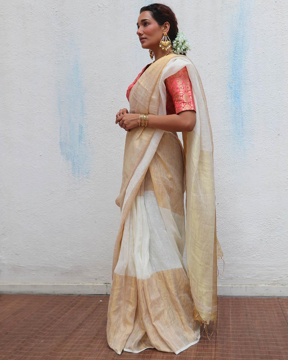 Indumukhi Handwoven Linen Zari Saree - Onam