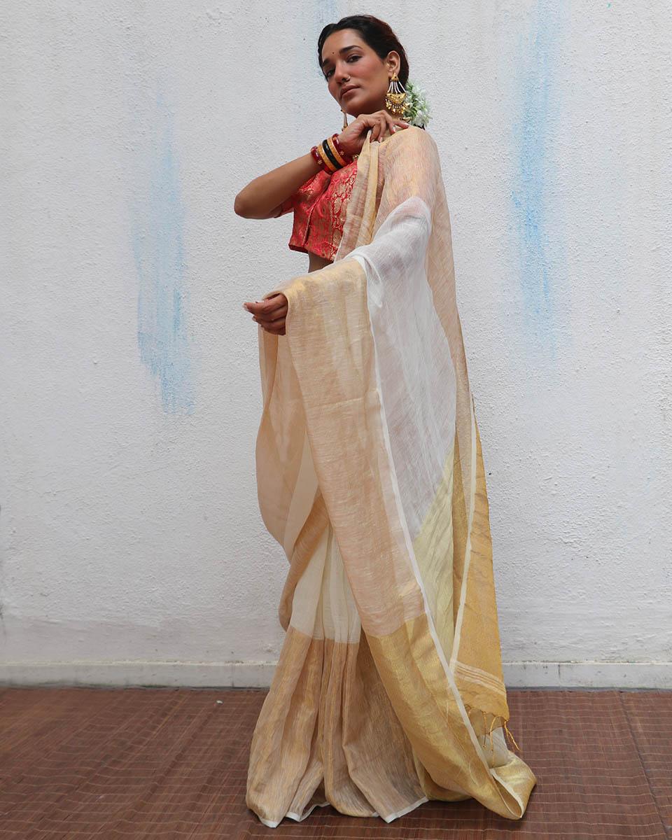 Indumukhi Handwoven Linen Zari Saree - Onam