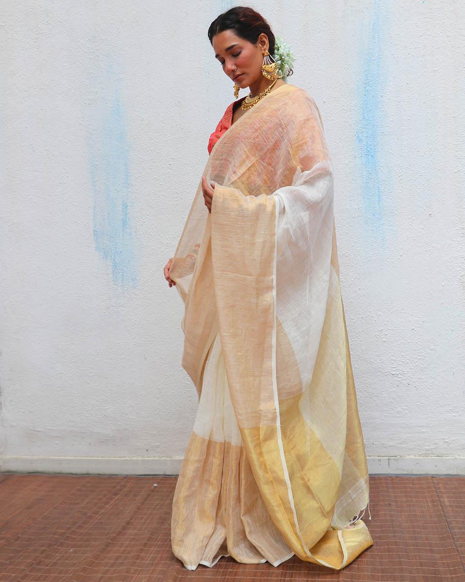 Indumukhi Handwoven Linen Zari Saree - Onam