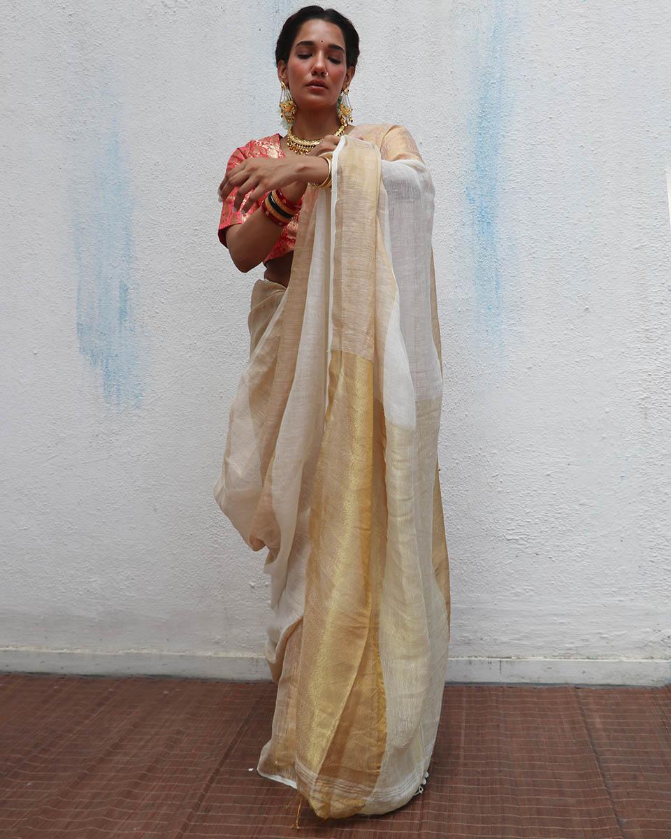 Indumukhi Handwoven Linen Zari Saree - Onam