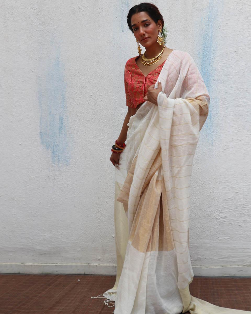 Udaya Handwoven Linen Zari Saree - Onam