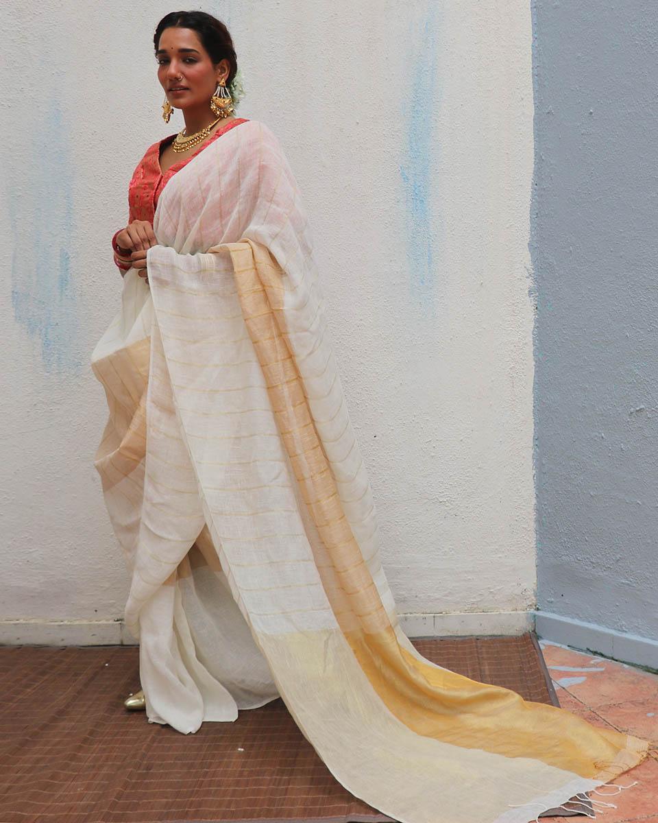 Udaya Handwoven Linen Zari Saree - Onam